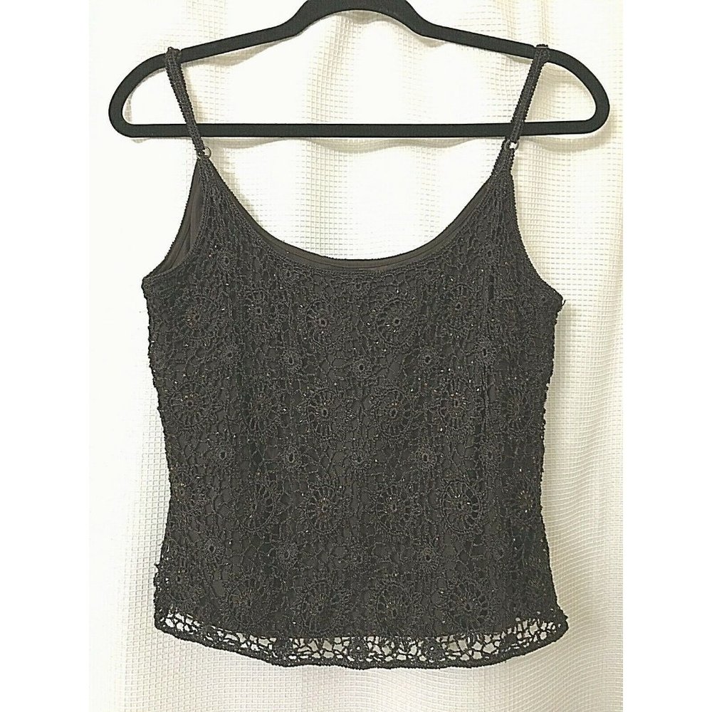 Carmen Marc Valvo Top Brown Stretch Lace Beaded Sleeveless Top Size Large A9